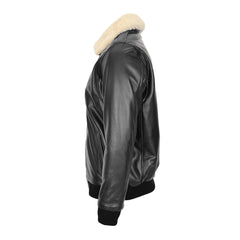 Mens Bomber Leather Jacket with Sheepskin Collar Viggo Black