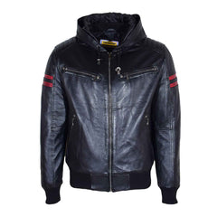 Mens Real Leather Bomber Zip Jacket Hooded RAMMY Black