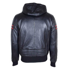 Mens Real Leather Bomber Zip Jacket Hooded RAMMY Black