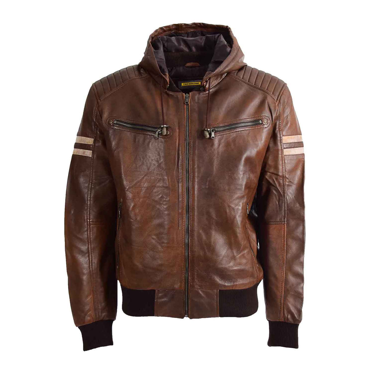 Mens Real Leather Bomber Zip up Detachable Hoodie Jacket Dallas Cognac